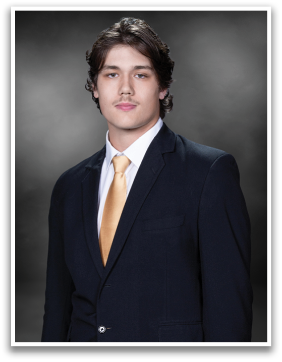 A man wearing a suit and tie is standing in front of a black background. AI generated content