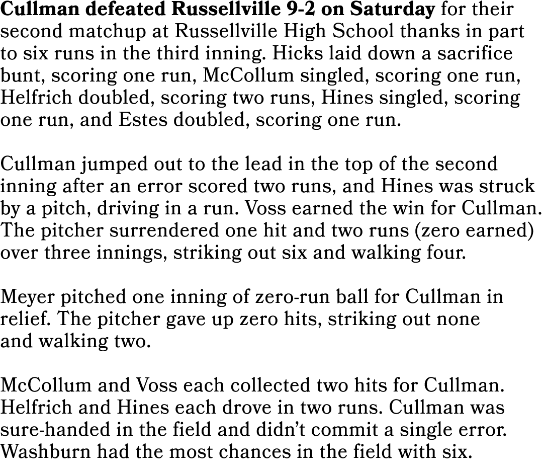 Cullman defeated Russellville 9-2 on Saturday for their second matchup at Russellville High School thanks in part to ...