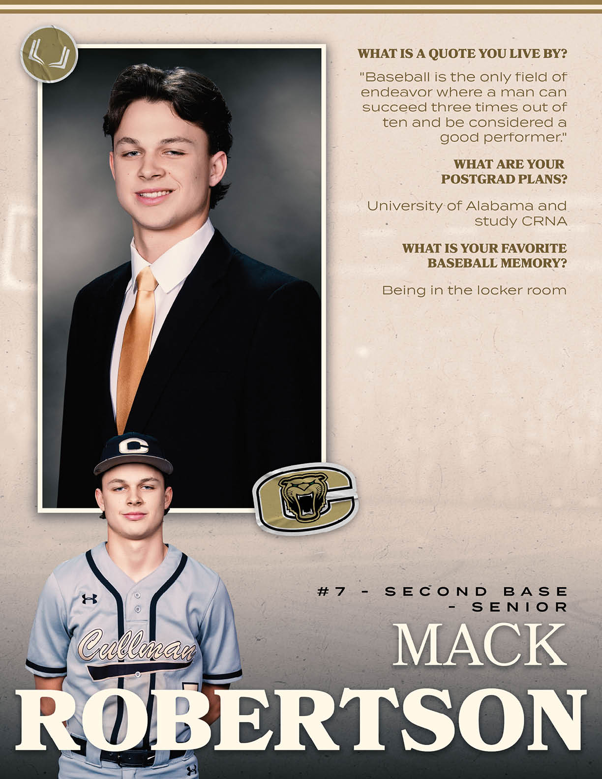 A baseball player named Mack Robertson is wearing a uniform and a tie. AI generated content