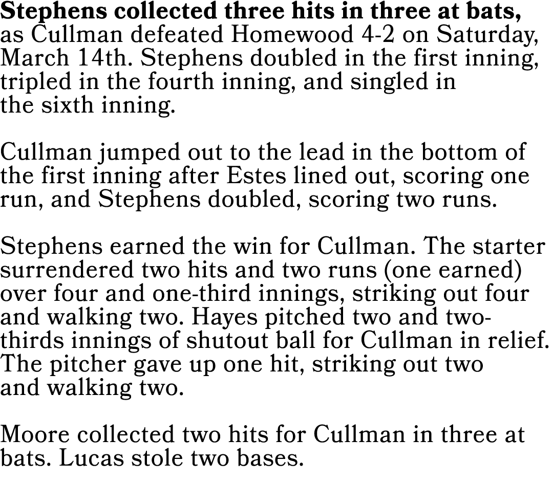 Stephens collected three hits in three at bats, as Cullman defeated Homewood 4-2 on Saturday, March 14th. Stephens do...