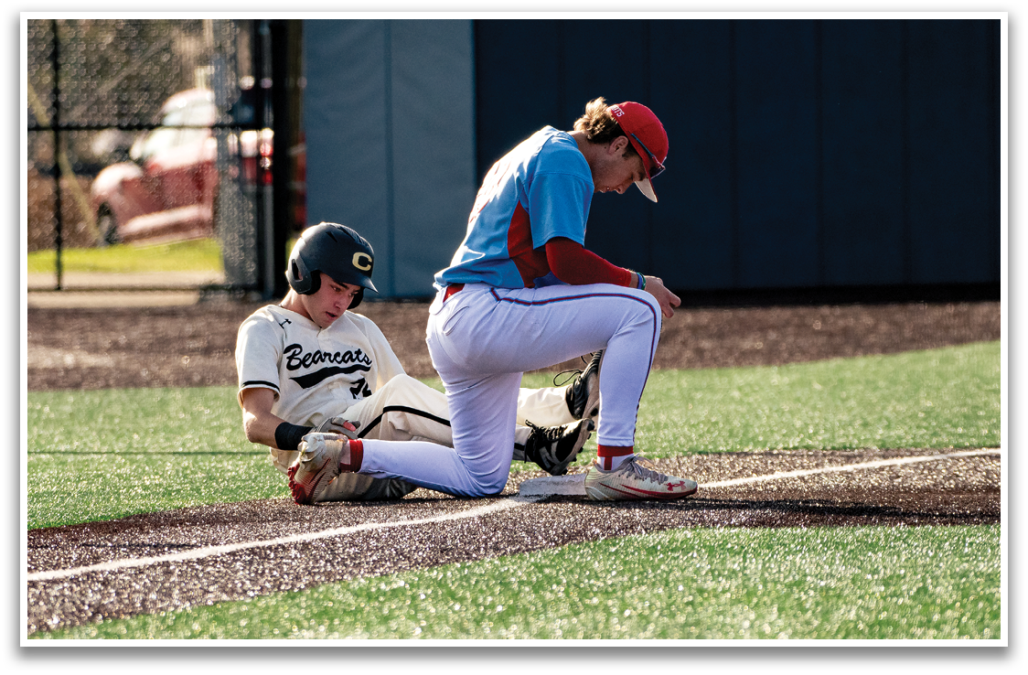Two baseball players on the field, one kneeling and the other standing. AI generated content