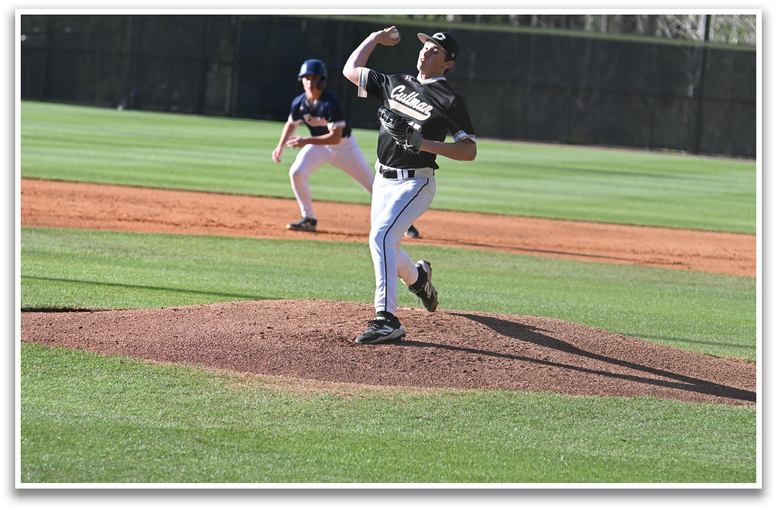 A baseball pitcher is in the middle of a pitch, with his arm fully extended. The pitcher is wearing a black shirt and white pants. Another person is standing behind the pitcher, likely a teammate or coach. The scene takes place on a baseball field. AI generated content