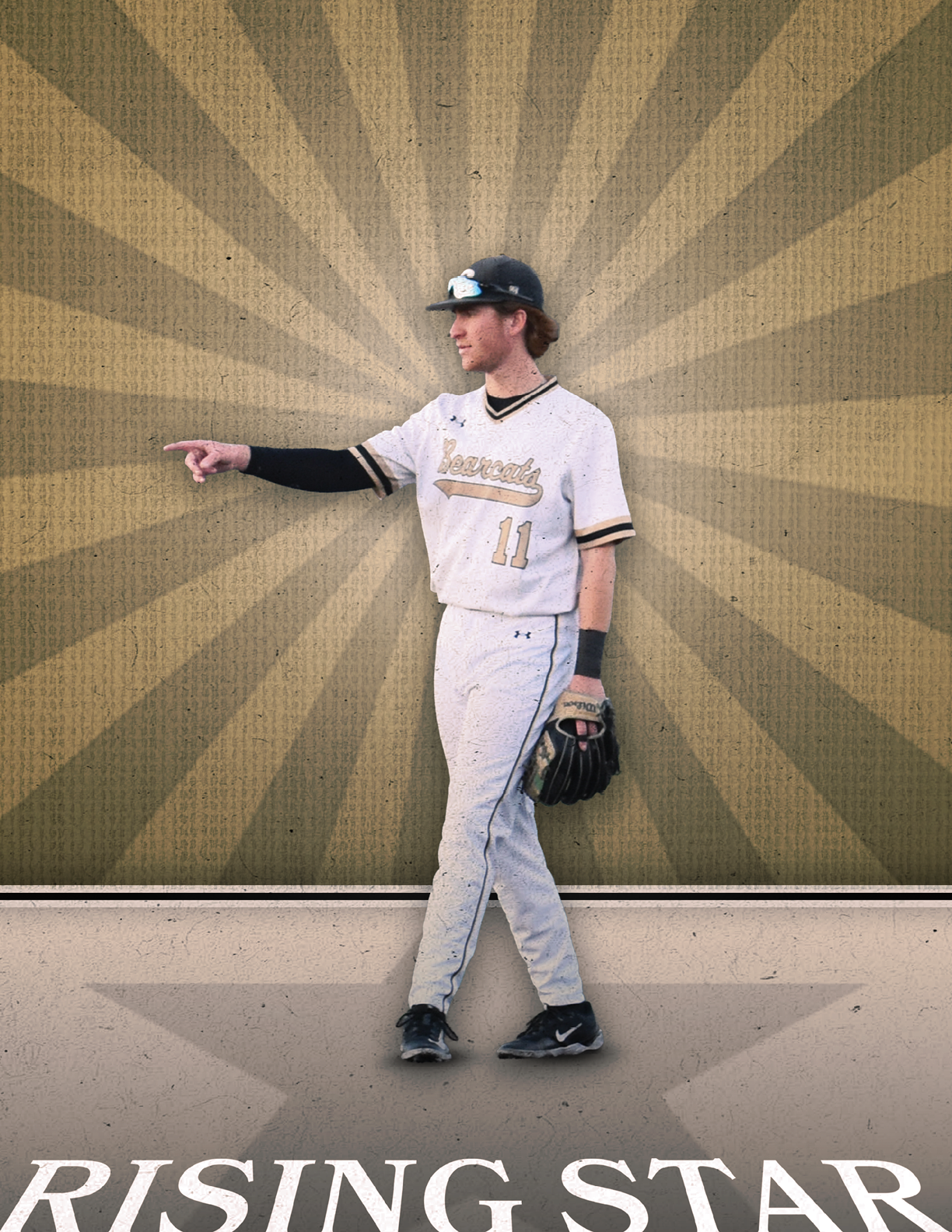 A baseball player in a white uniform with the number 11 on the back, pointing to the sky. AI generated content