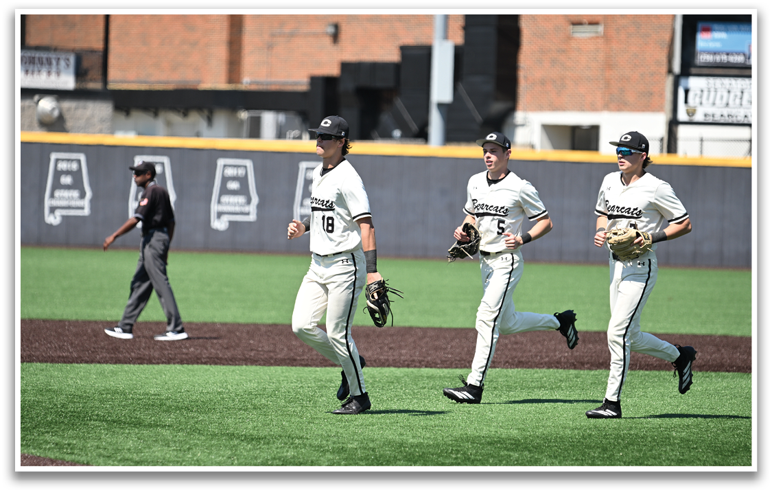 Three baseball players wearing white uniforms are running on the field. AI generated content