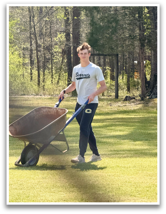A man is pushing a wheelbarrow full of dirt in a yard. AI generated content
