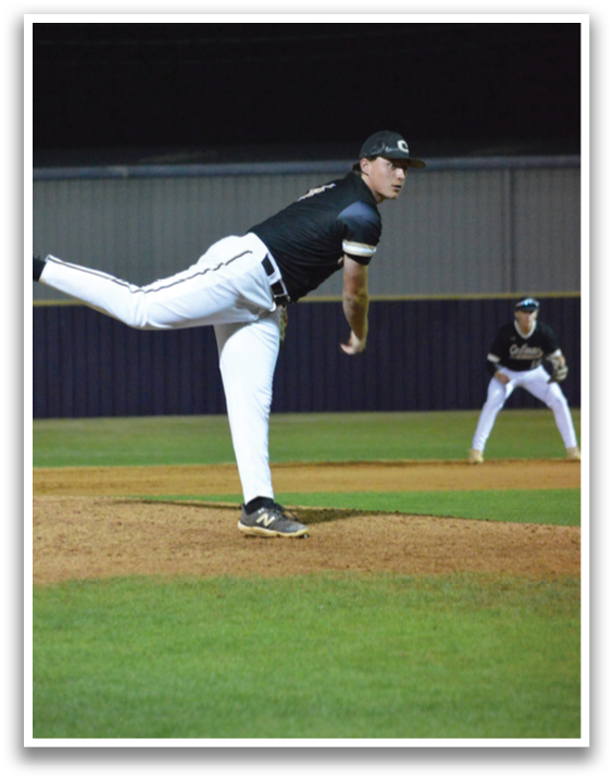 A baseball player is in the middle of a pitch, with his leg in the air. Another player is standing behind him, ready to catch the ball. AI generated content