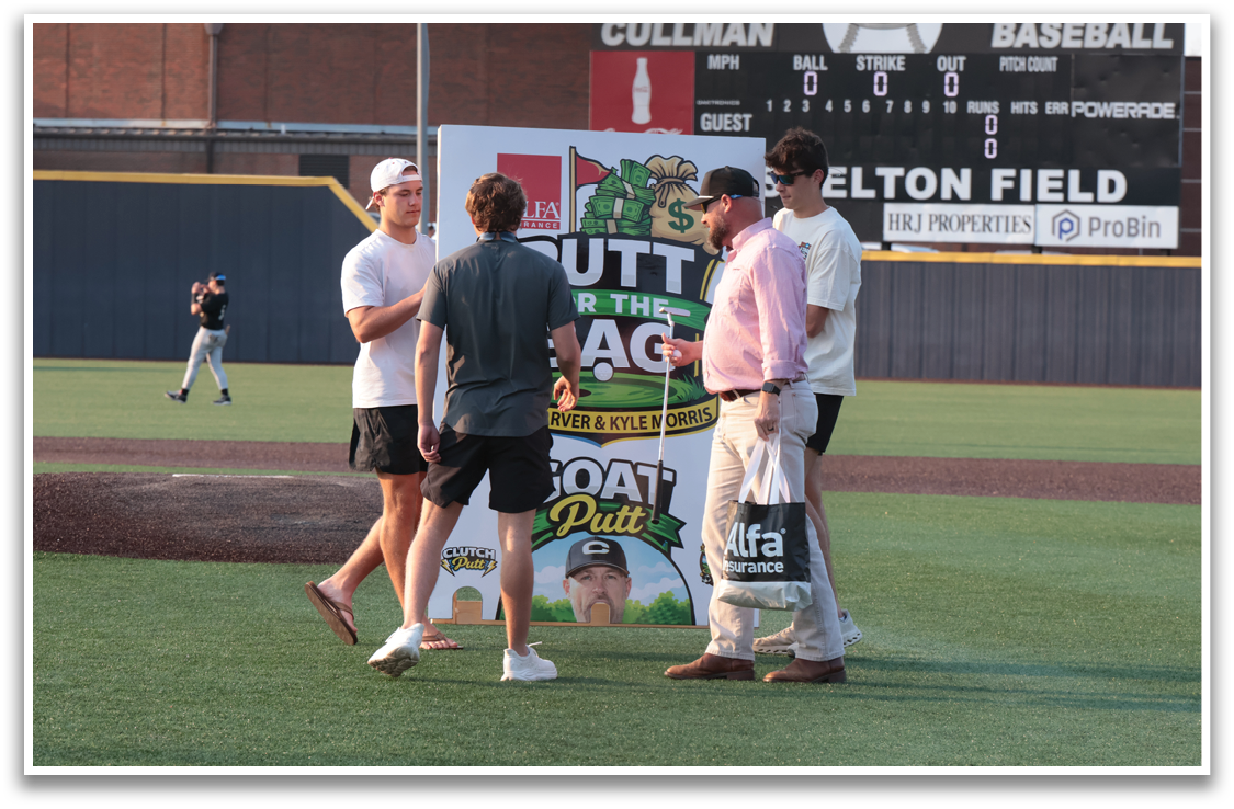 Three men are standing on a baseball field, talking to each other. One of the men is holding a sign. AI generated content