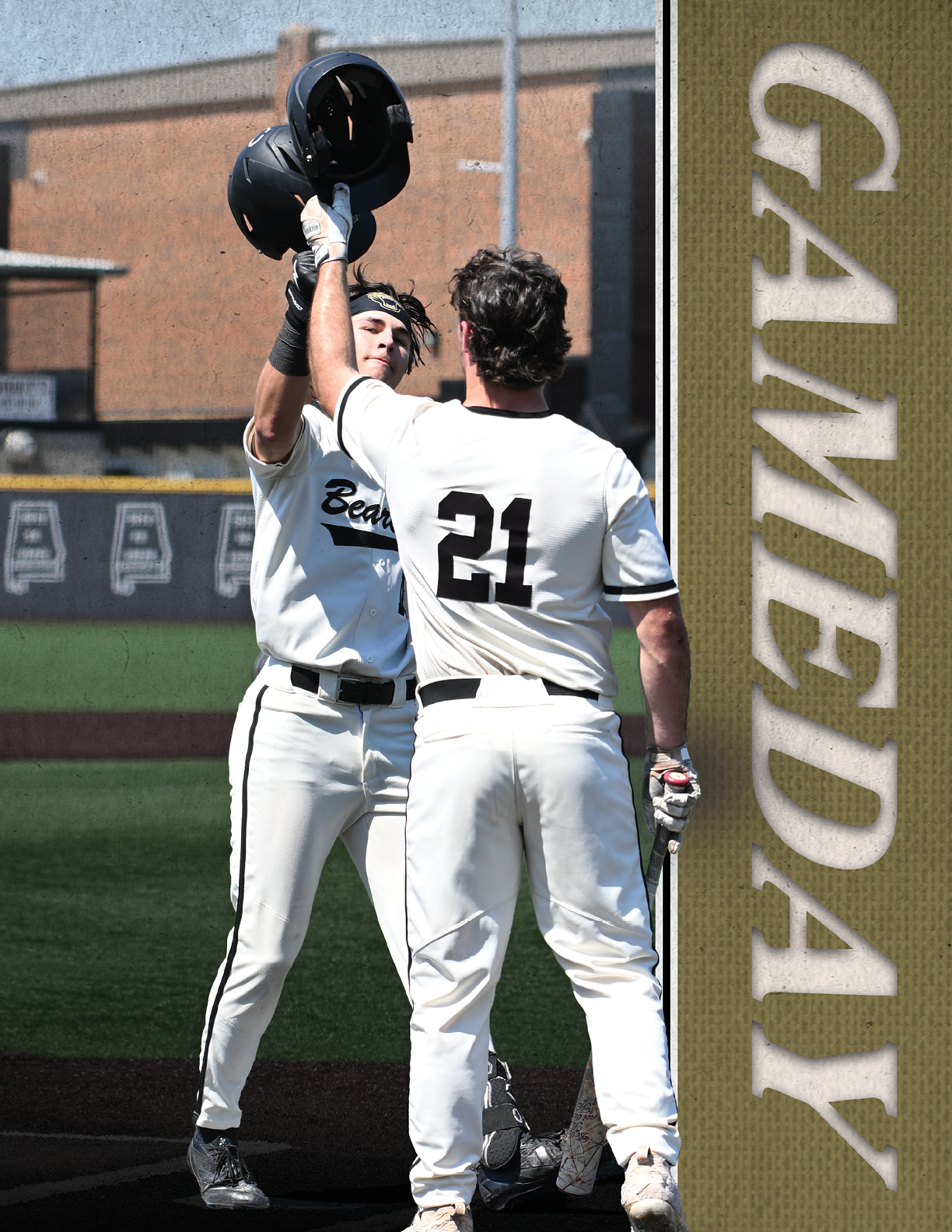 Two baseball players celebrating a win with a high five. AI generated content