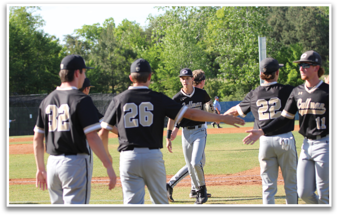 Baseball players in black and white uniforms shake hands on the field. AI generated content