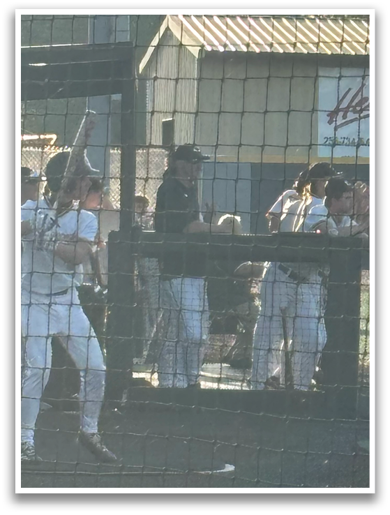 A baseball game is taking place with a group of men on the field. One man is holding a baseball bat, ready to swing. There are several other players in various positions on the field, some wearing baseball gloves. The scene is set against a backdrop of trees, and there is a crowd of spectators watching the game. AI generated content