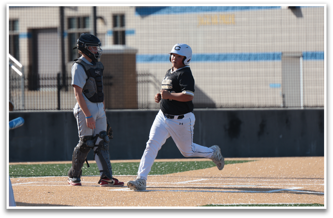 A baseball player is running towards home plate, while another player is holding a bat. AI generated content