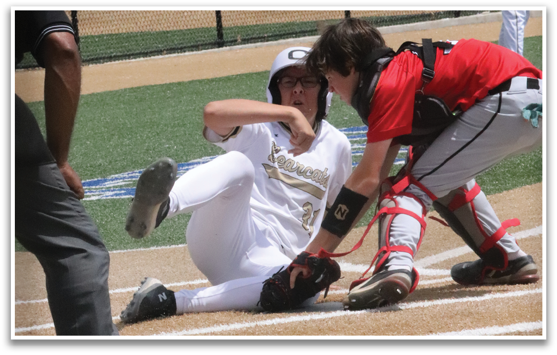 A baseball player is sliding into home plate, while the catcher tries to tag him out. AI generated content
