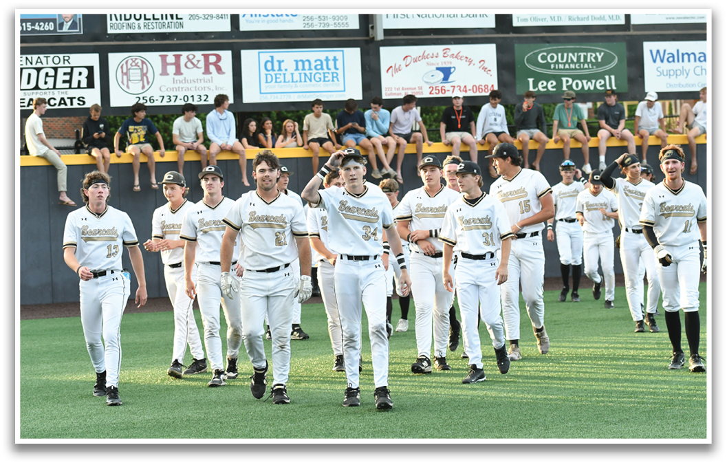 Baseball players walking on the field. Description generated by AI