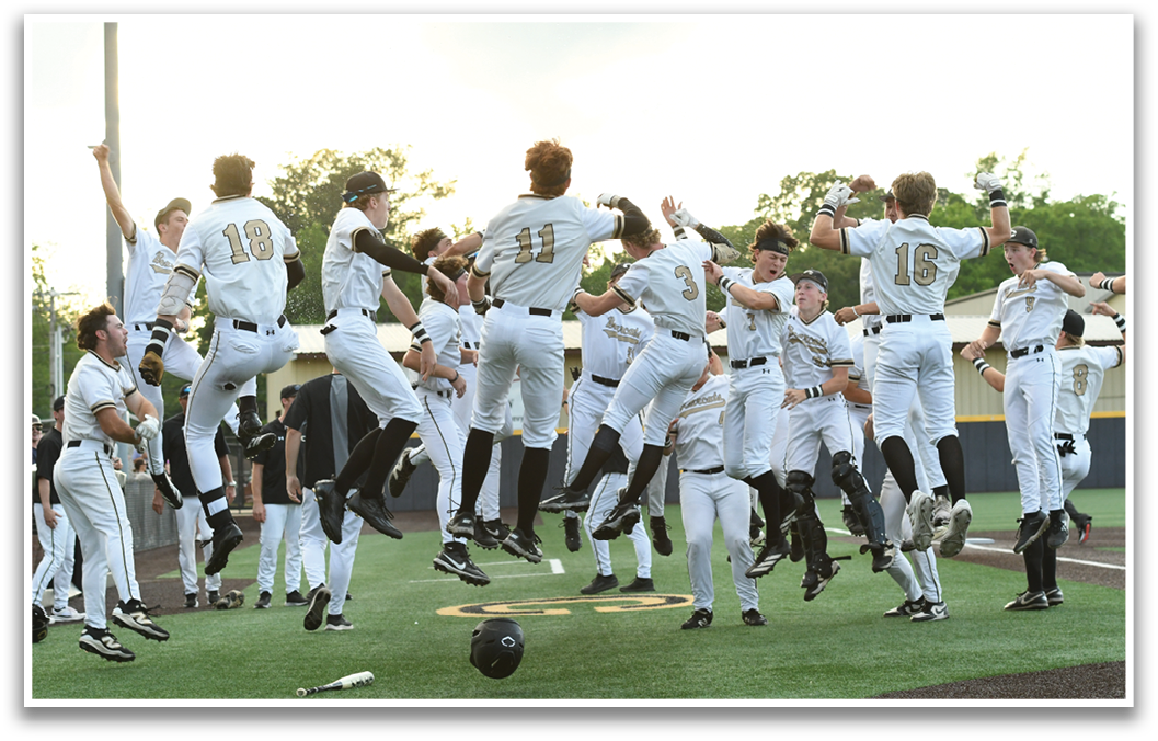 A group of baseball players celebrating a win. Description generated by AI