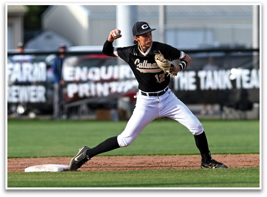 A baseball player wearing a black and white uniform. Description generated by AI