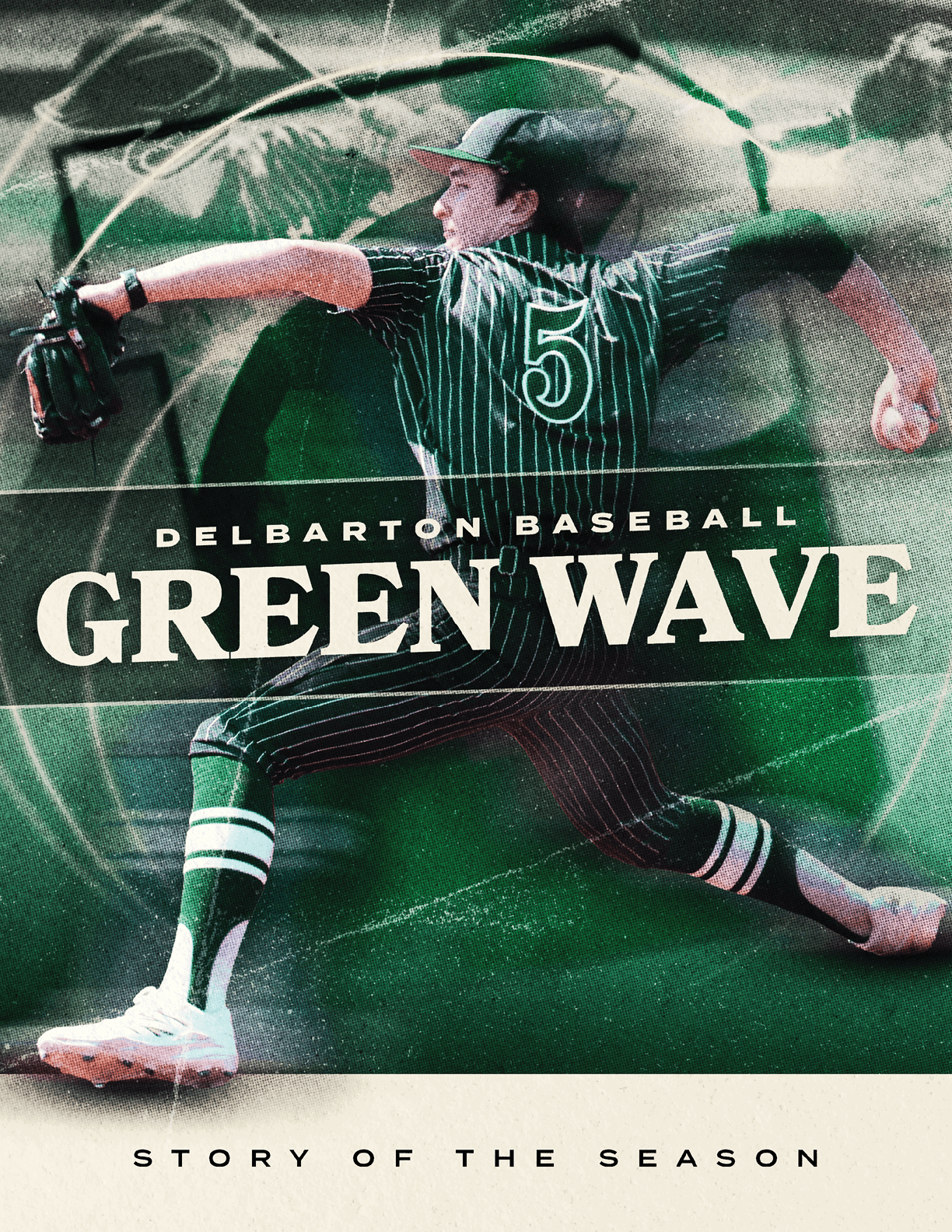 A baseball player in a green uniform with the number 5 on it. Description generated by AI