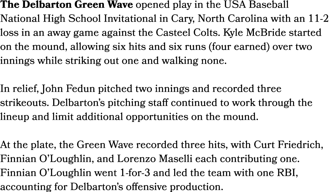 The Delbarton Green Wave opened play in the USA Baseball National High School Invitational in Cary, North Carolina wi...