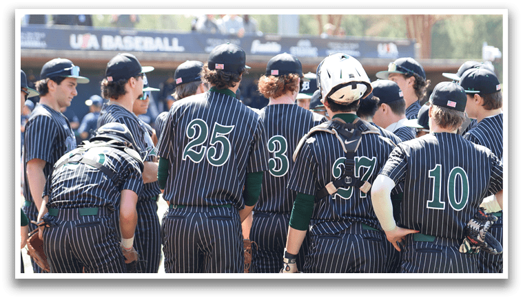 A group of baseball players wearing black and green striped uniforms. Description generated by AI