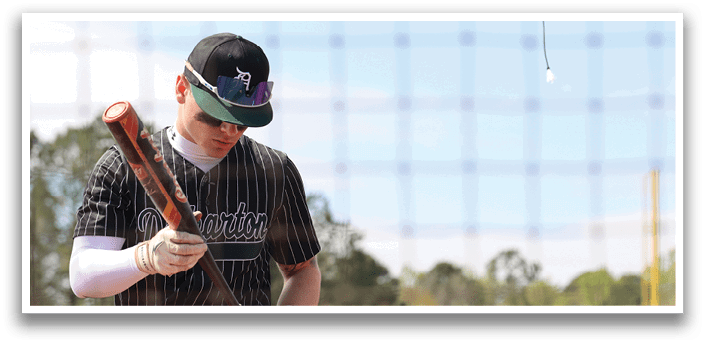 A baseball player holding a bat. Description generated by AI