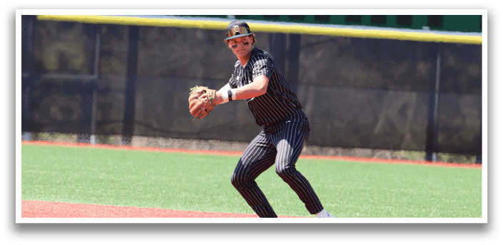 A baseball player wearing a black shirt and white shoes is catching a ball. Description generated by AI