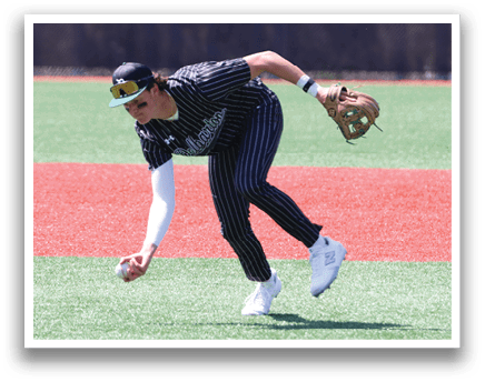 A baseball player catching a ball on a field. Description generated by AI