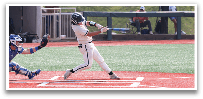 A baseball player is swinging a bat at a ball. Description generated by AI