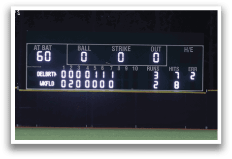 A baseball field with a scoreboard showing the score of 6 to 0. Description generated by AI