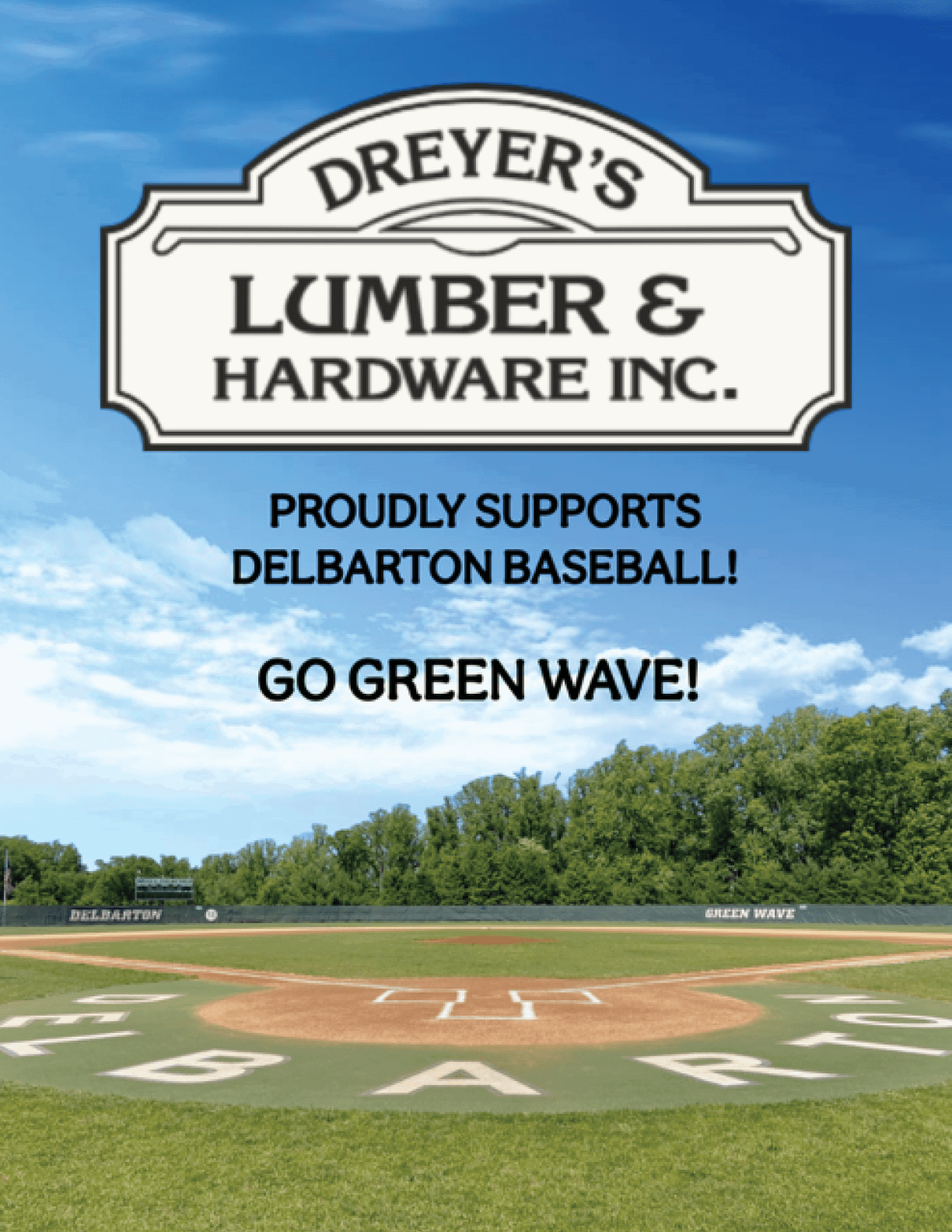 A baseball field with a green and white logo. Description generated by AI