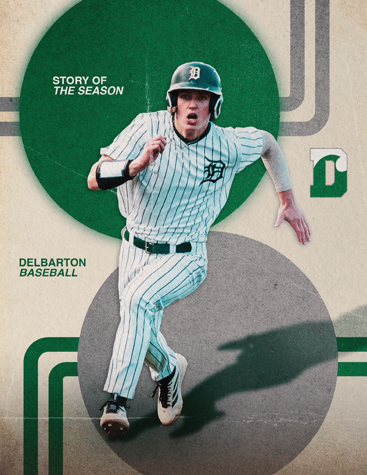 A baseball player wearing a green shirt and black hat. Description generated by AI