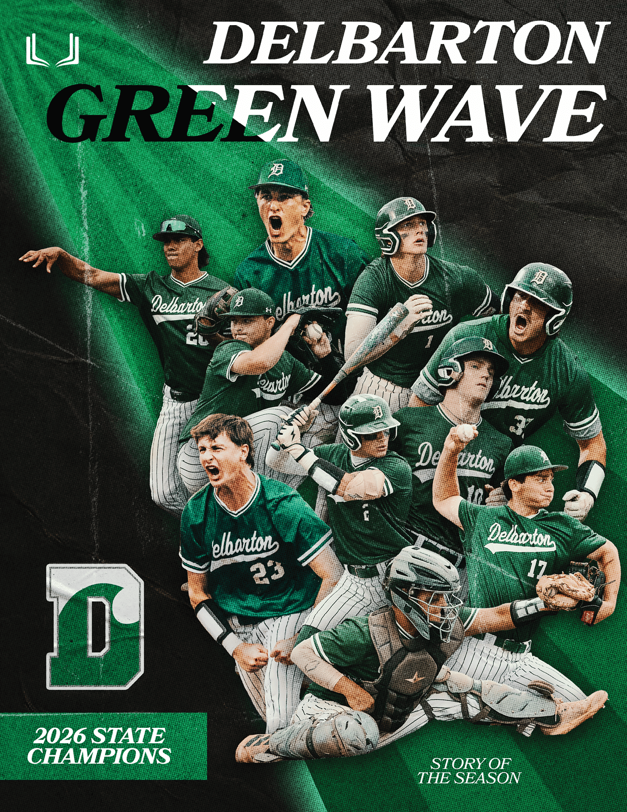 A baseball player wearing a green shirt and black hat. Description generated by AI