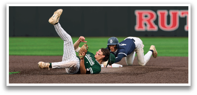 A baseball player is swinging a bat at a ball. Description generated by AI