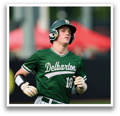 A baseball player in a striped uniform is swinging a bat. Description generated by AI