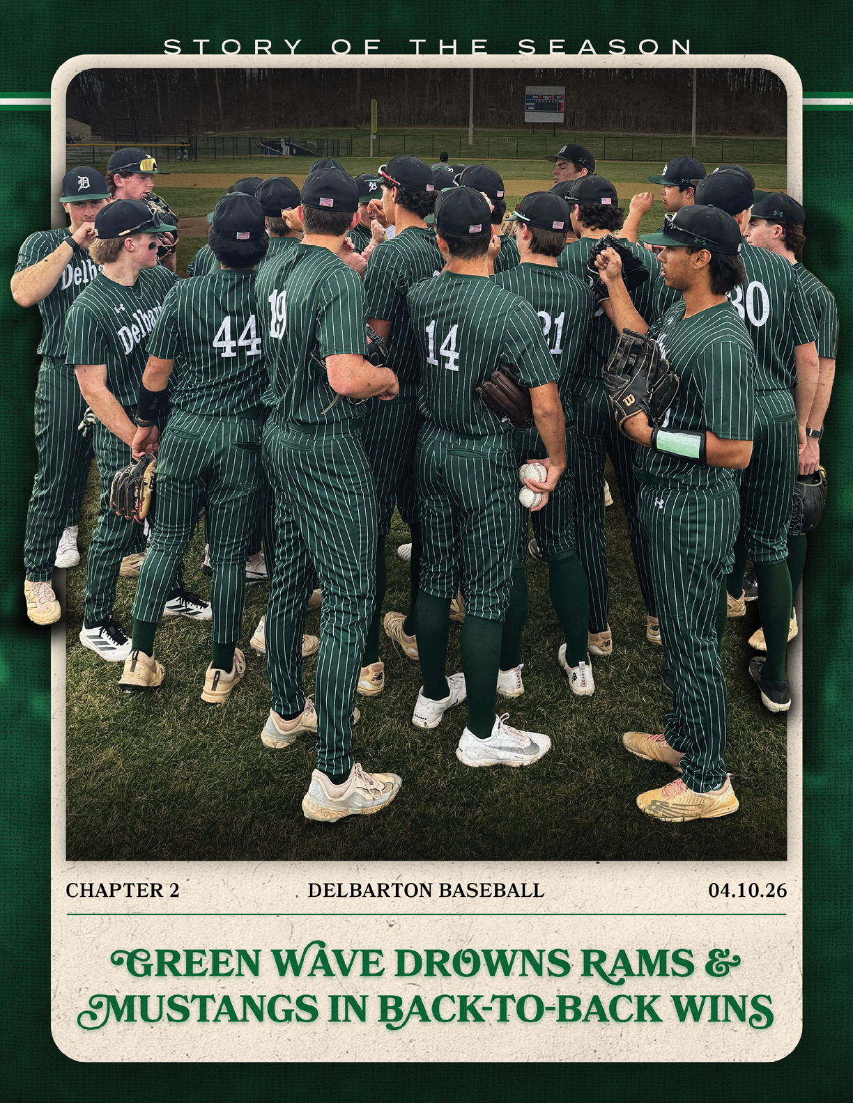 A group of baseball players in green and white uniforms. Description generated by AI