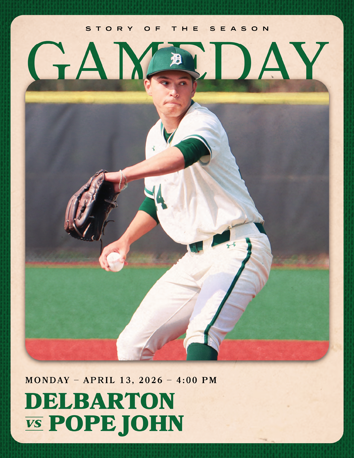 A baseball player wearing a green and white uniform. Description generated by AI