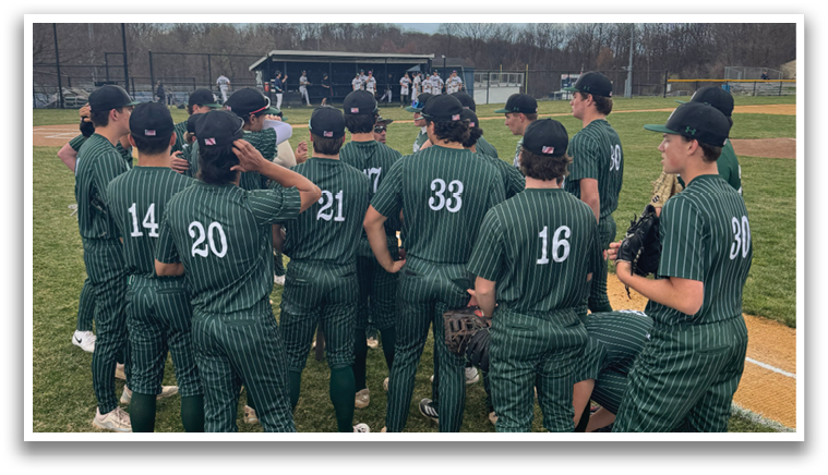 A group of baseball players wearing green and white uniforms. Description generated by AI