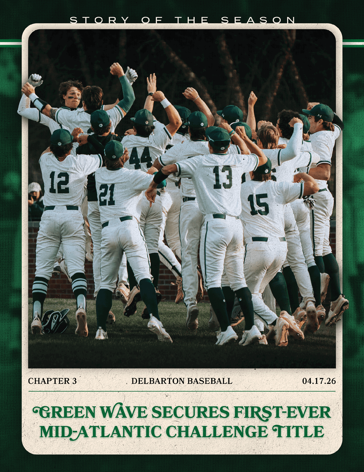 A group of baseball players celebrating a win. Description generated by AI