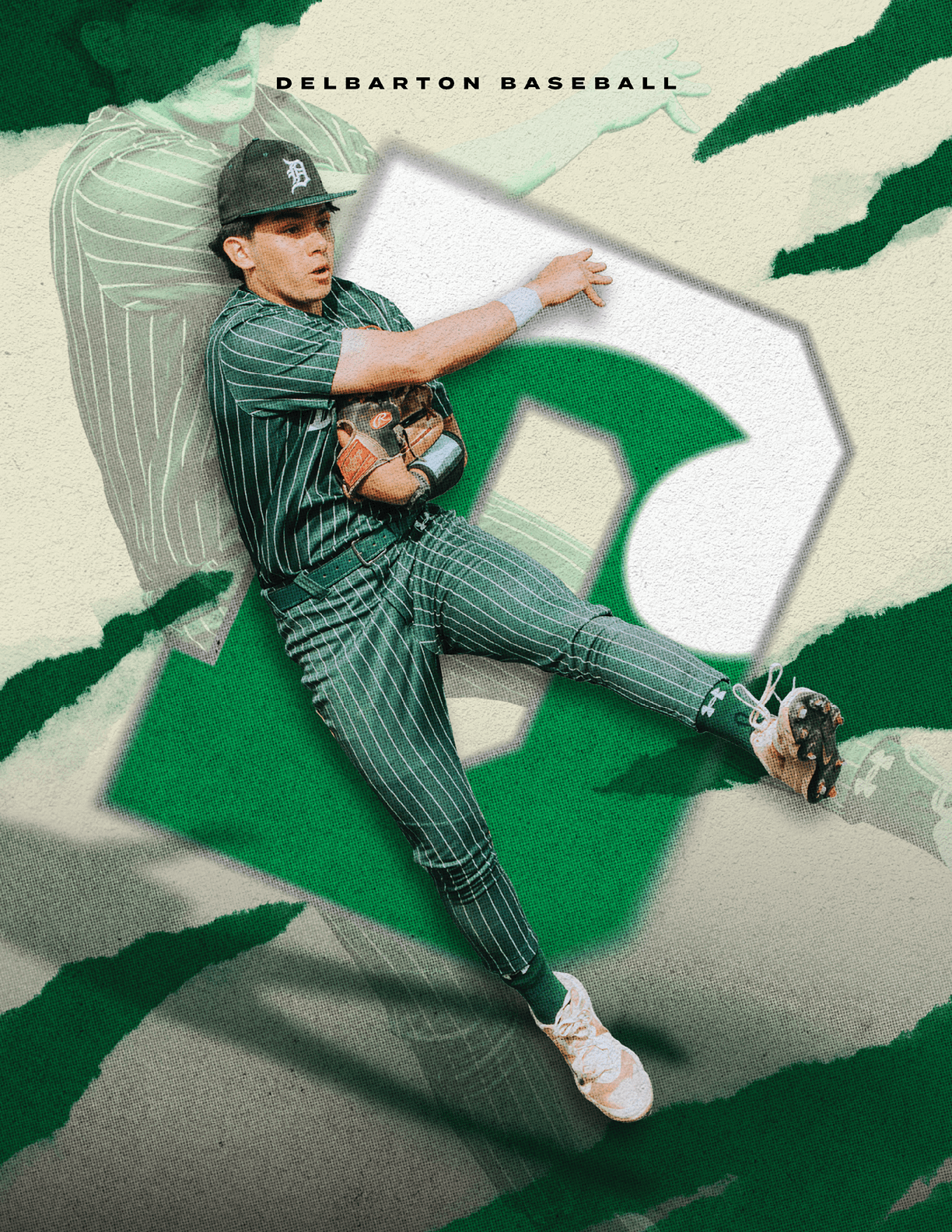 A baseball player wearing a green and white uniform. Description generated by AI