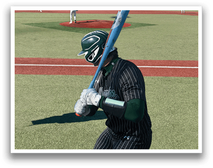 A baseball player is holding a bat on a field. Description generated by AI