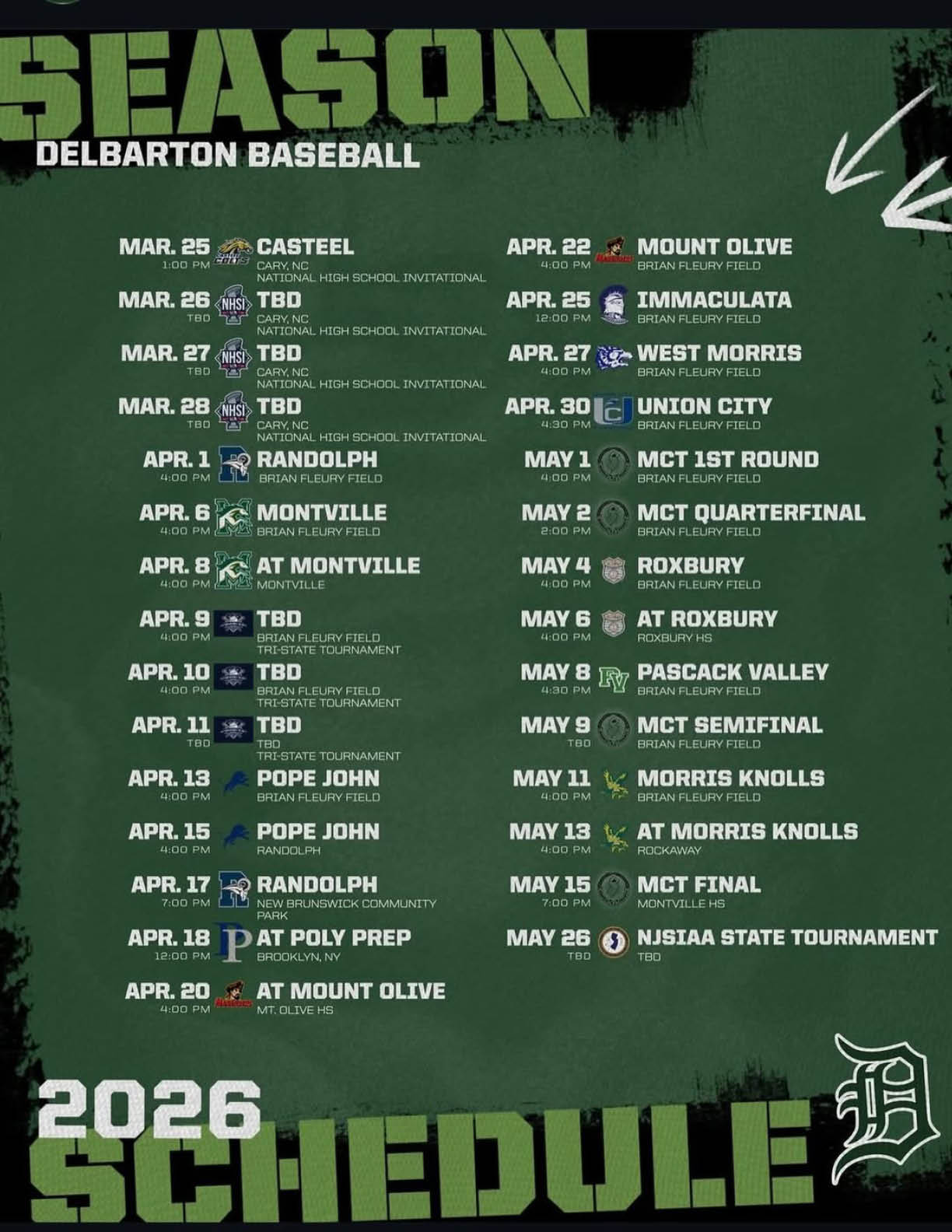A green and white poster with a baseball schedule. Description generated by AI