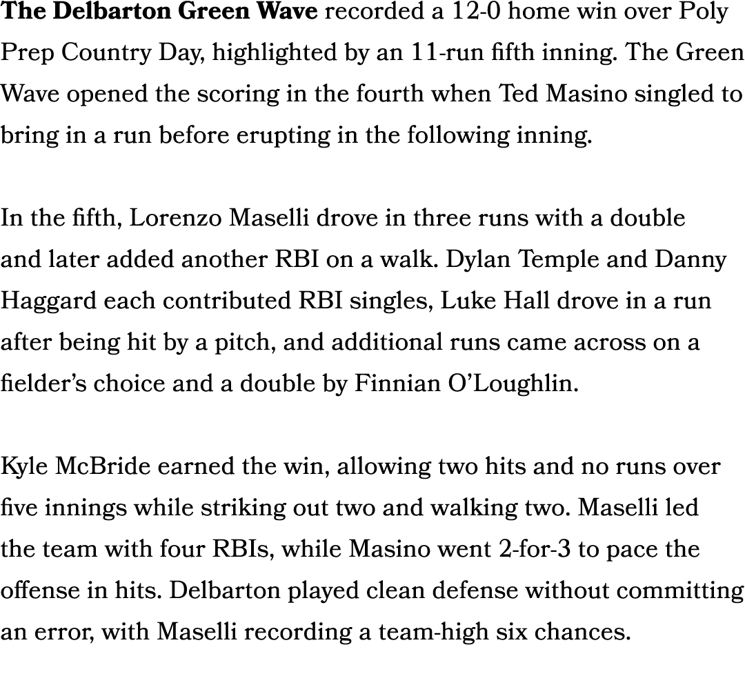 The Delbarton Green Wave recorded a 12 0 home win over Poly Prep Country Day, highlighted by an 11 run fifth inning. ...