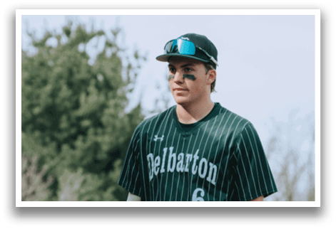 A baseball player wearing a Delaware jersey. Description generated by AI