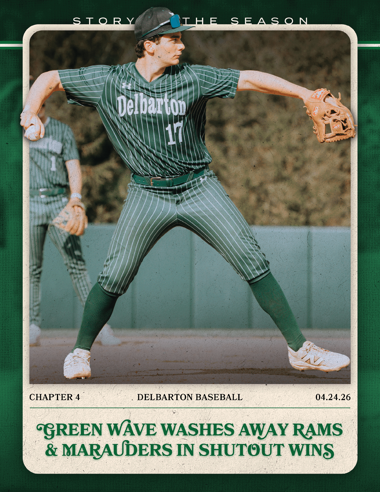 A baseball player in a green and white uniform is in the process of throwing a ball. Description generated by AI