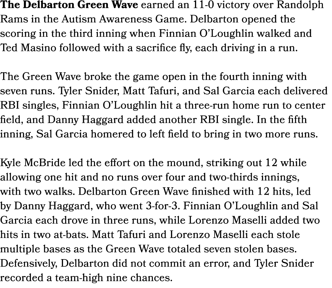 The Delbarton Green Wave earned an 11 0 victory over Randolph Rams in the Autism Awareness Game. Delbarton opened the...