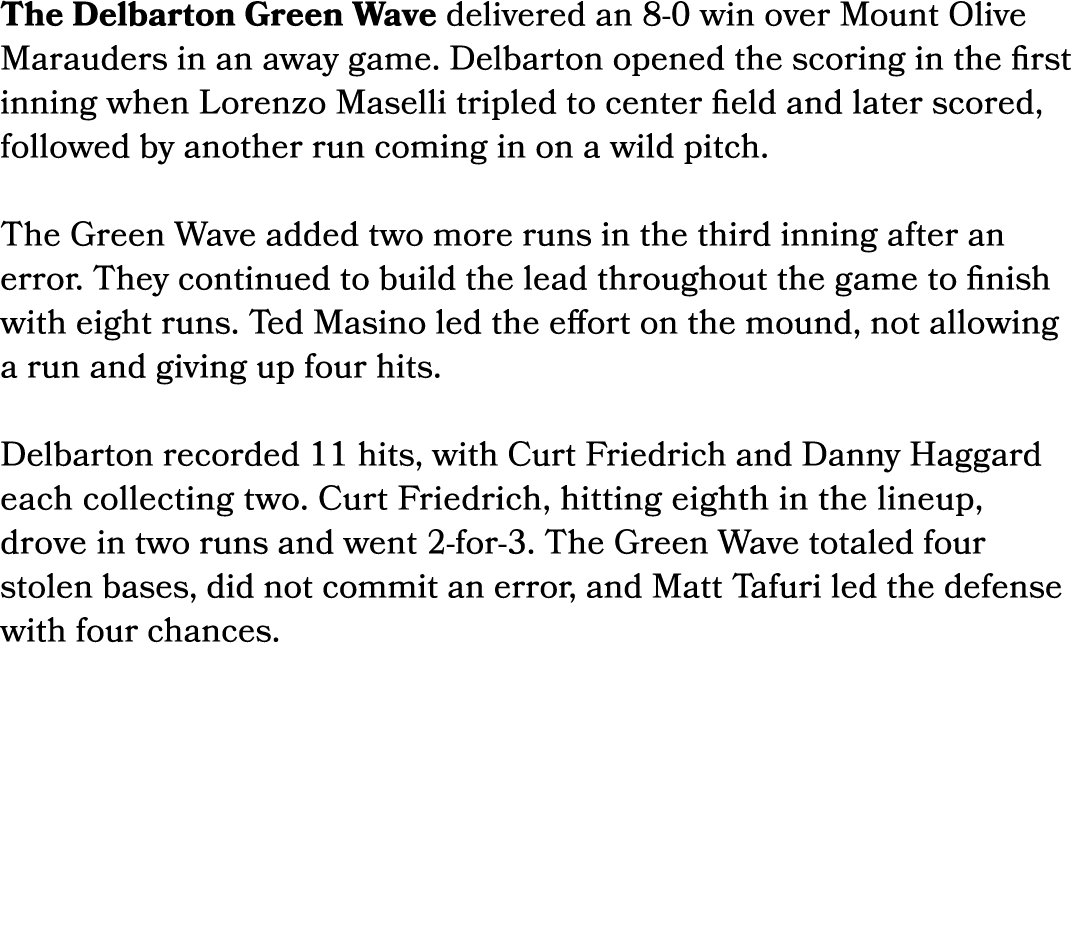 The Delbarton Green Wave delivered an 8 0 win over Mount Olive Marauders in an away game. Delbarton opened the scorin...