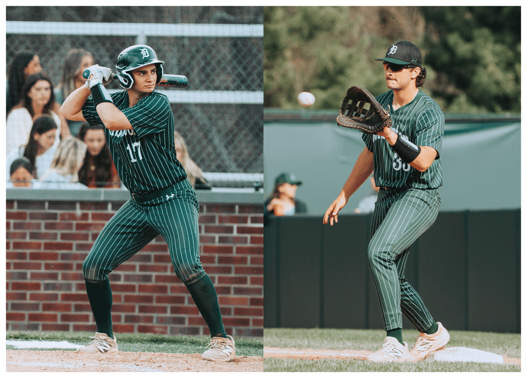 A baseball player in a green and white uniform is swinging a bat. Description generated by AI