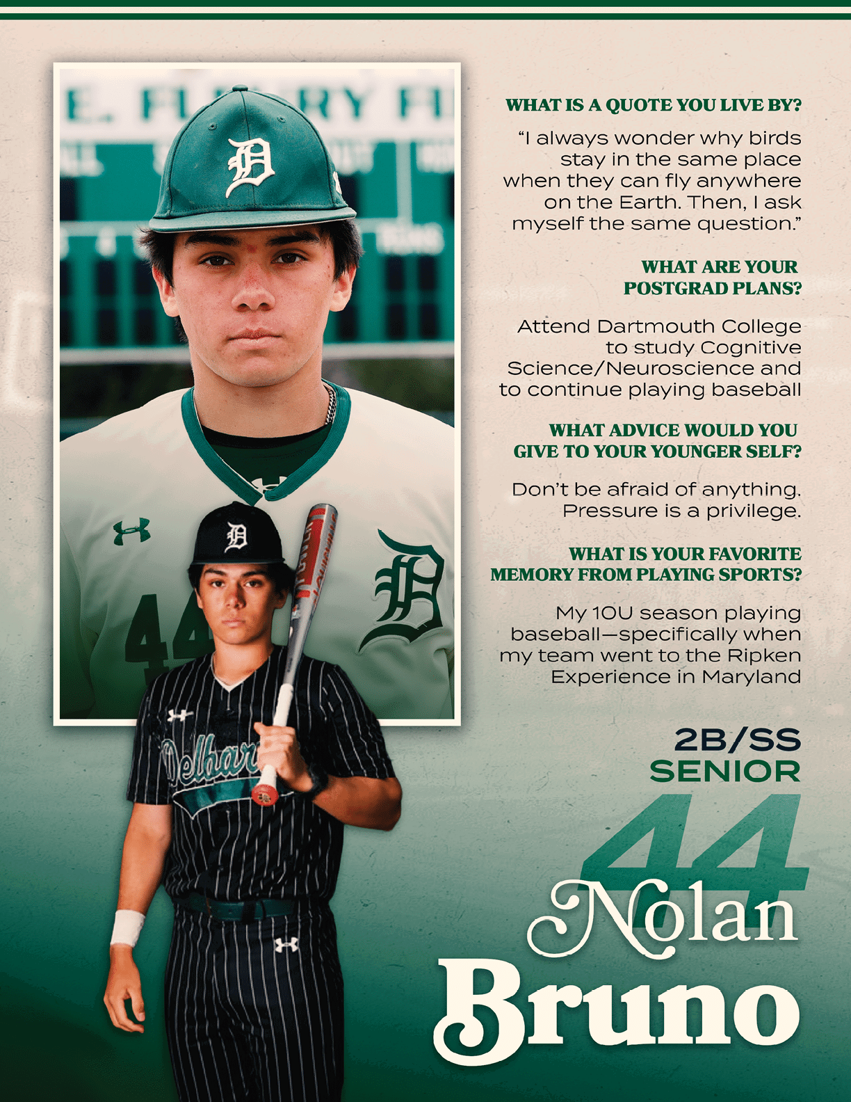 A baseball player named Nolan Bruno. Description generated by AI