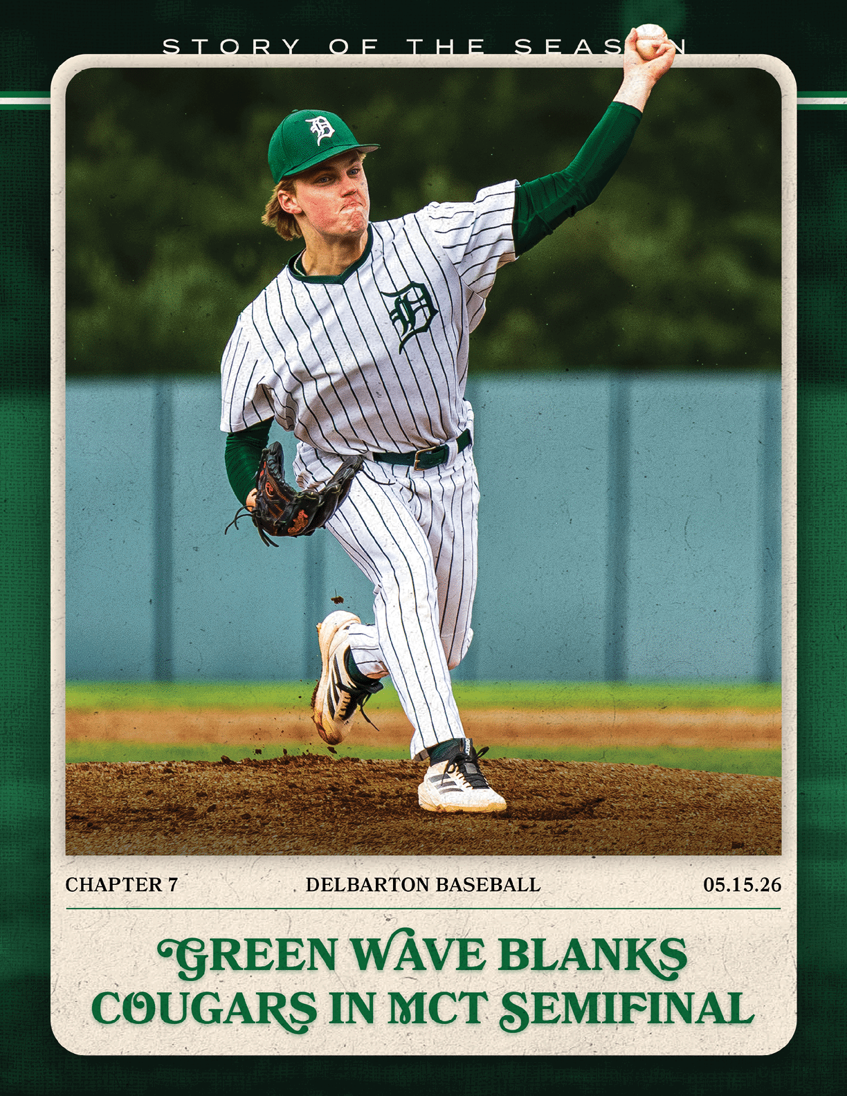 A baseball player in a green and white uniform is pitching a ball. Description generated by AI