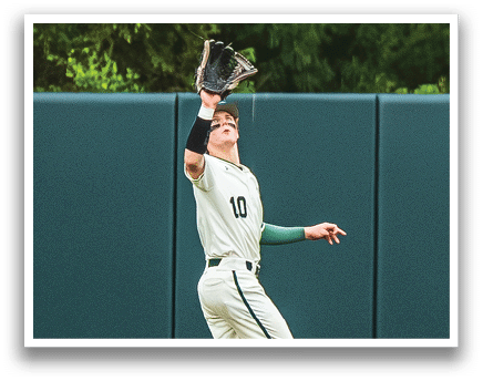 A baseball player catching a ball. Description generated by AI