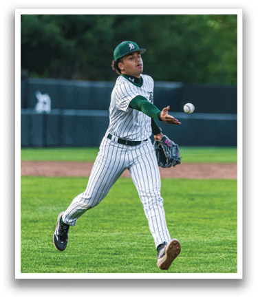 A baseball player wearing a green hat and white and green striped uniform is catching a ball. Description generated by AI