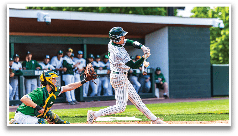 A baseball player is swinging a bat. Description generated by AI